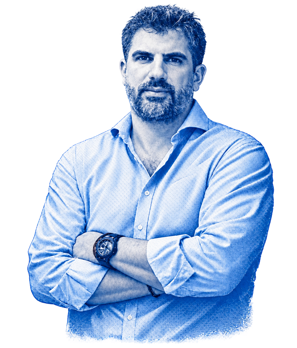 Giorgos Andritsos in a blue-toned portrait with arms crossed